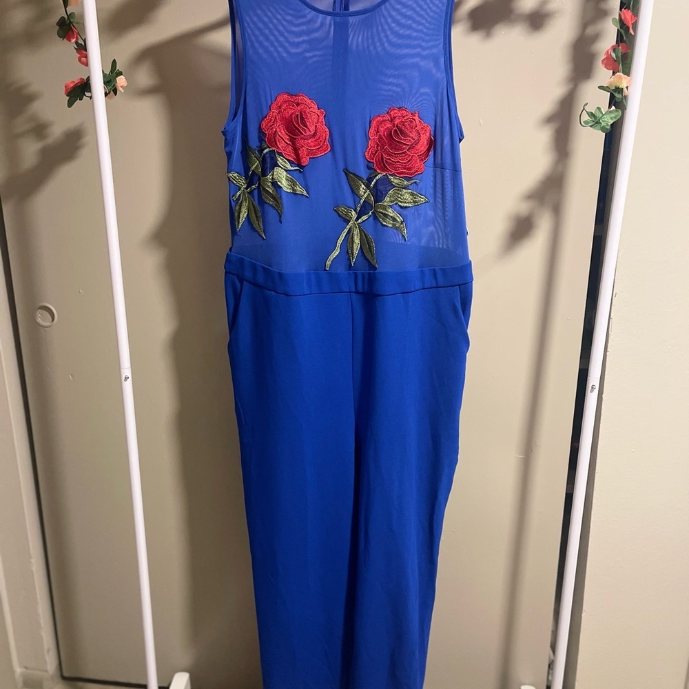 Blue Sleeveless Jumpsuit with Red Floral Embroidery
